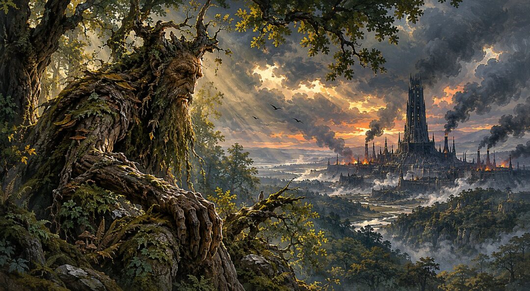 Cut trees and abandoned Orc axes mark the wounded edge of Fangorn Forest.