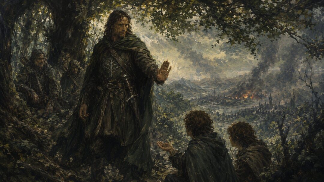 Gondorian ranger in Ithilien calmly refusing the hidden temptation of the One Ring