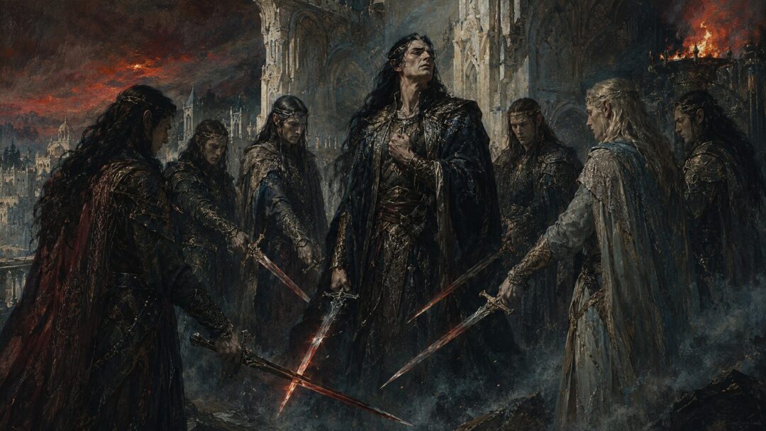 Fëanor and his seven sons swear the terrible oath by torchlight in Tirion after the Darkening of Valinor.