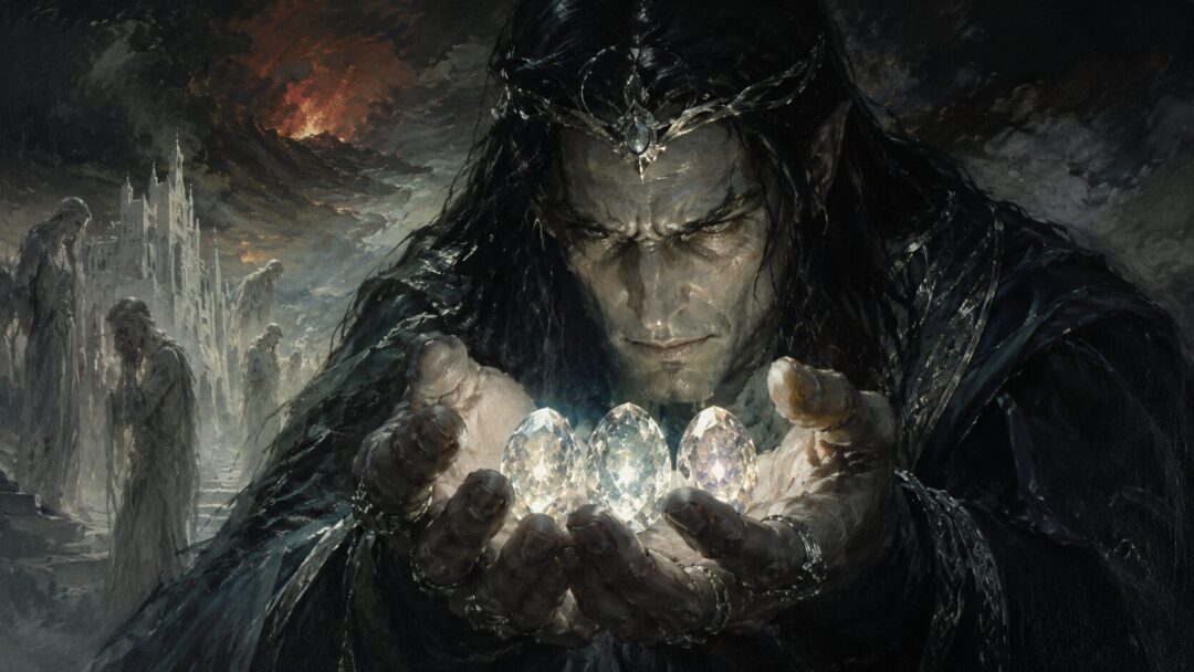 Fëanor holds the glowing Silmarils as darkness gathers around Valinor after the loss of the Two Trees.