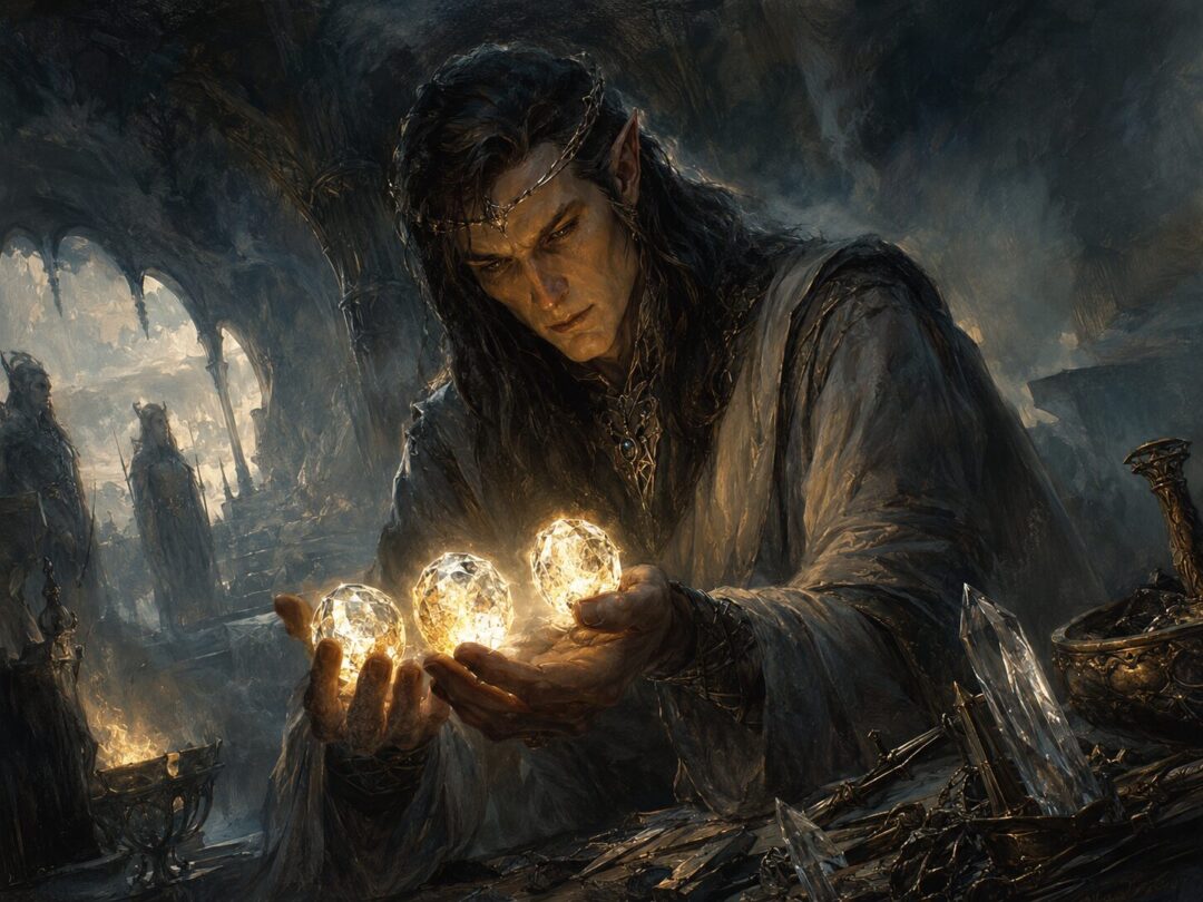 Fëanor holds the three newly made Silmarils glowing with the light of the Two Trees in Valinor.