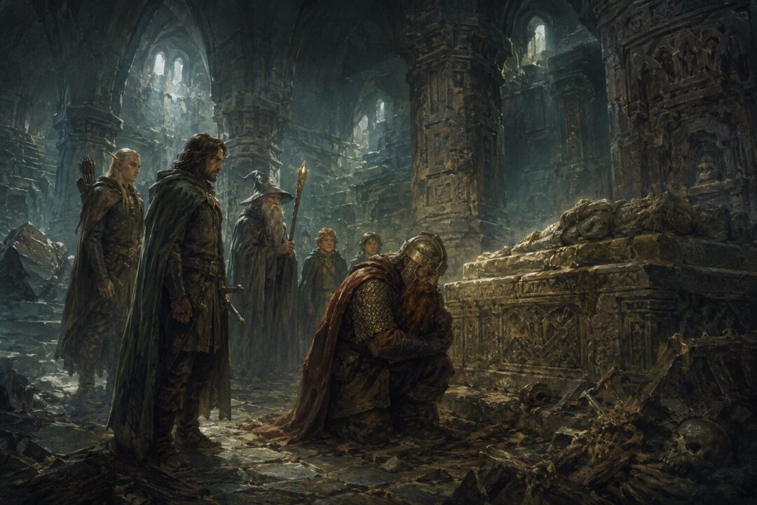 The Fellowship gathered in the Chamber of Mazarbul before Balin’s tomb deep within Moria
