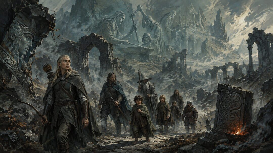 The Fellowship crosses the empty ruins of Eregion while Legolas senses memories in the stones and Frodo carries the Ring.