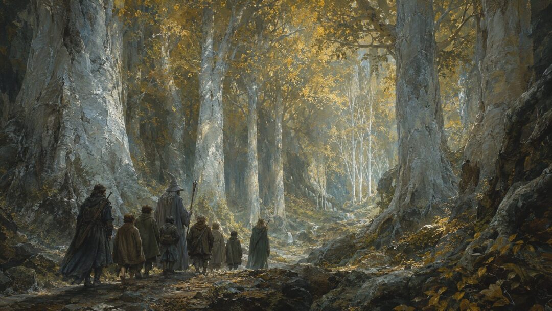 The Fellowship entering the preserved golden woodland of Lothlórien beneath towering mallorn trees.