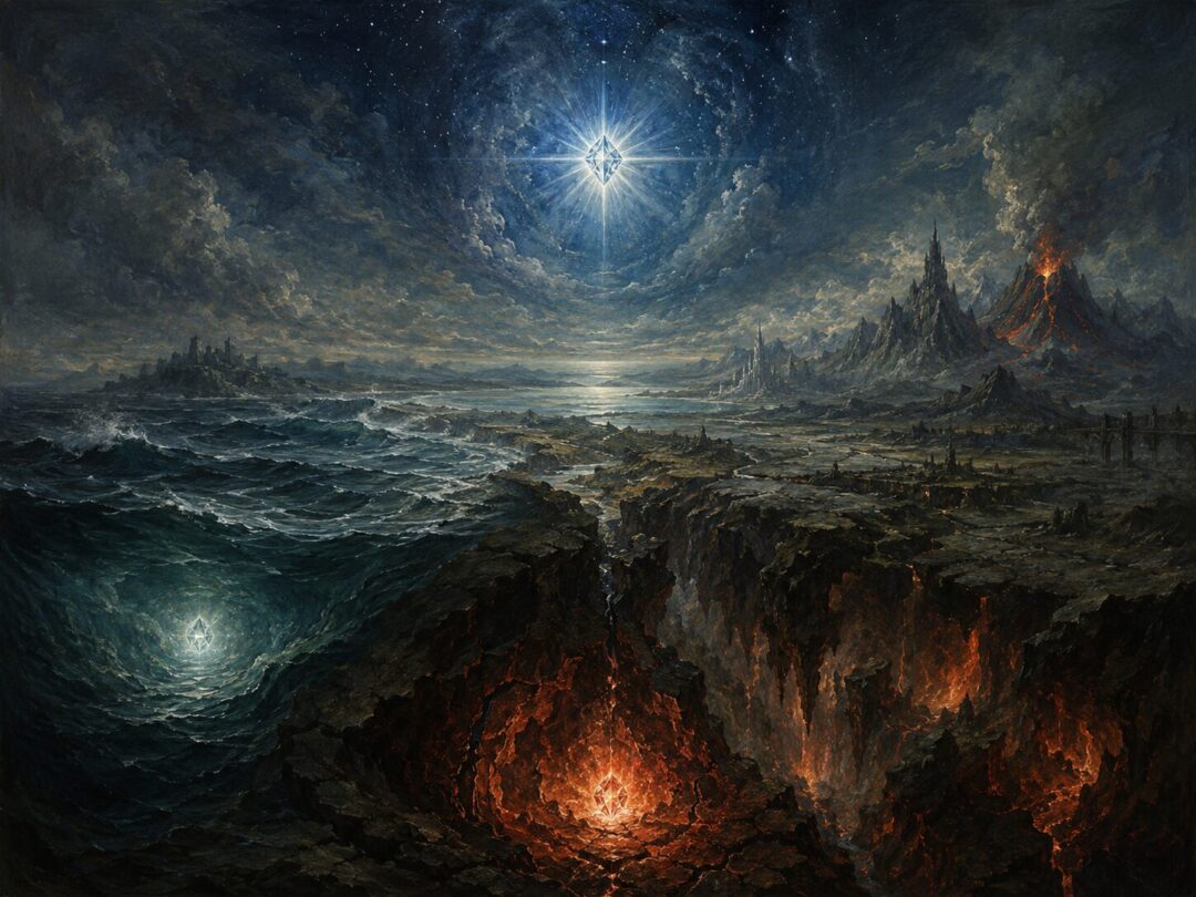 The three Silmarils are shown in their final fates in sky, earth, and sea.