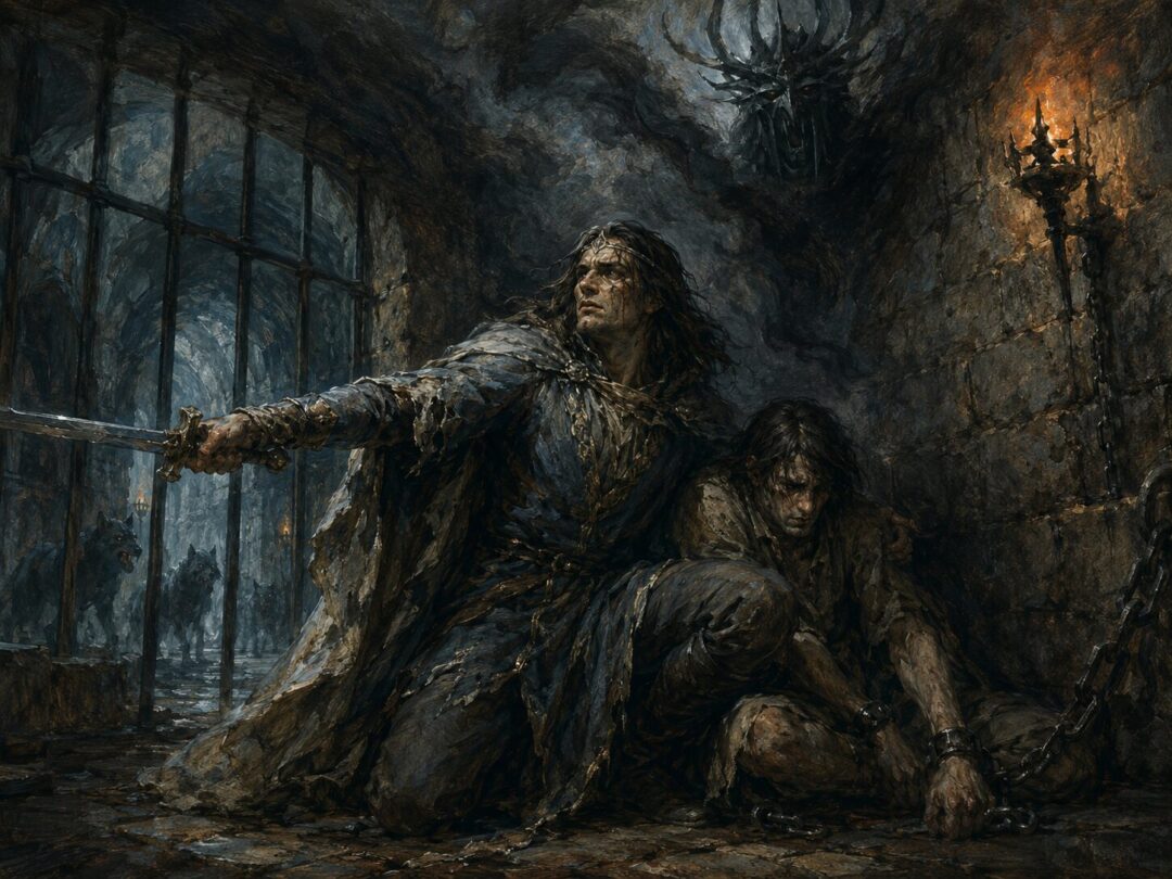 Finrod shields Beren in the dark dungeons of Tol-in-Gaurhoth after Sauron defeats their disguise.