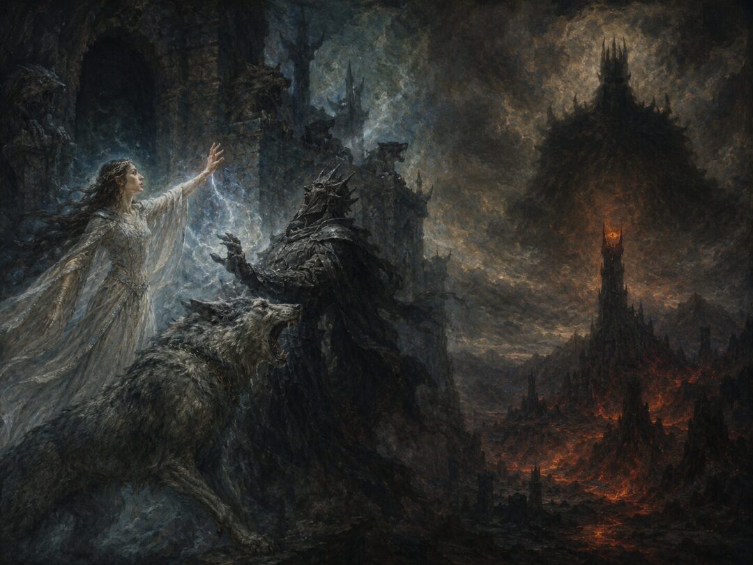 A symbolic split image contrasts Sauron as a beatable First Age sorcerer with the distant mythic terror he later becomes.