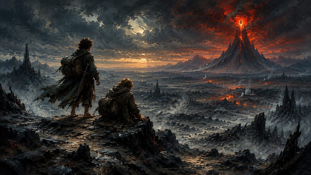 Frodo and Sam journeying across the desolation of Mordor toward Mount Doom