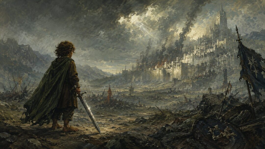 Frodo and Sam cross the ash and stone of Mordor, small but enduring under a dark red sky.