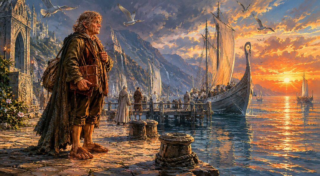 Frodo supported by Sam on the ash-covered slopes of Mount Doom during the final quest