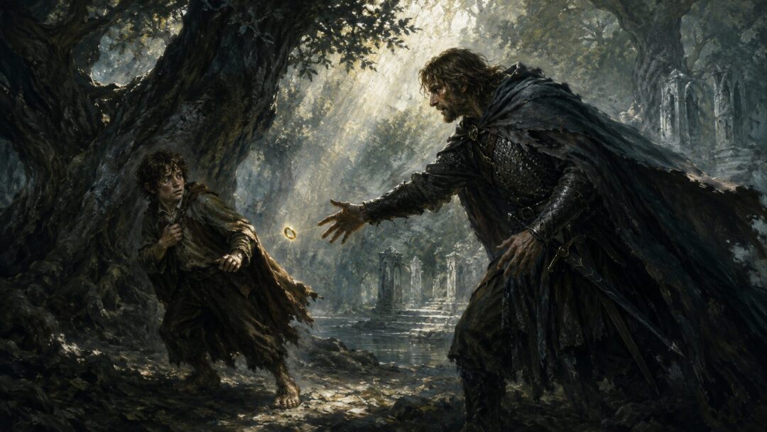 Frodo backing away from Boromir during the Ring temptation at Amon Hen.