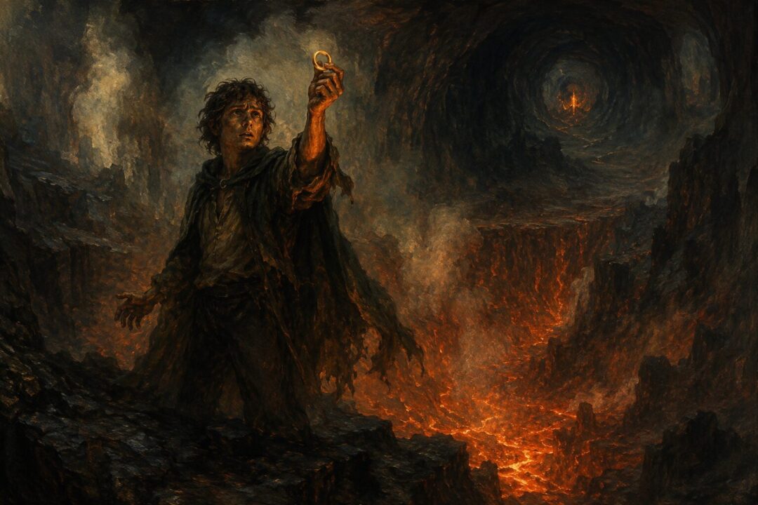 Frodo claiming the One Ring inside Sammath Naur above the fires of Mount Doom
