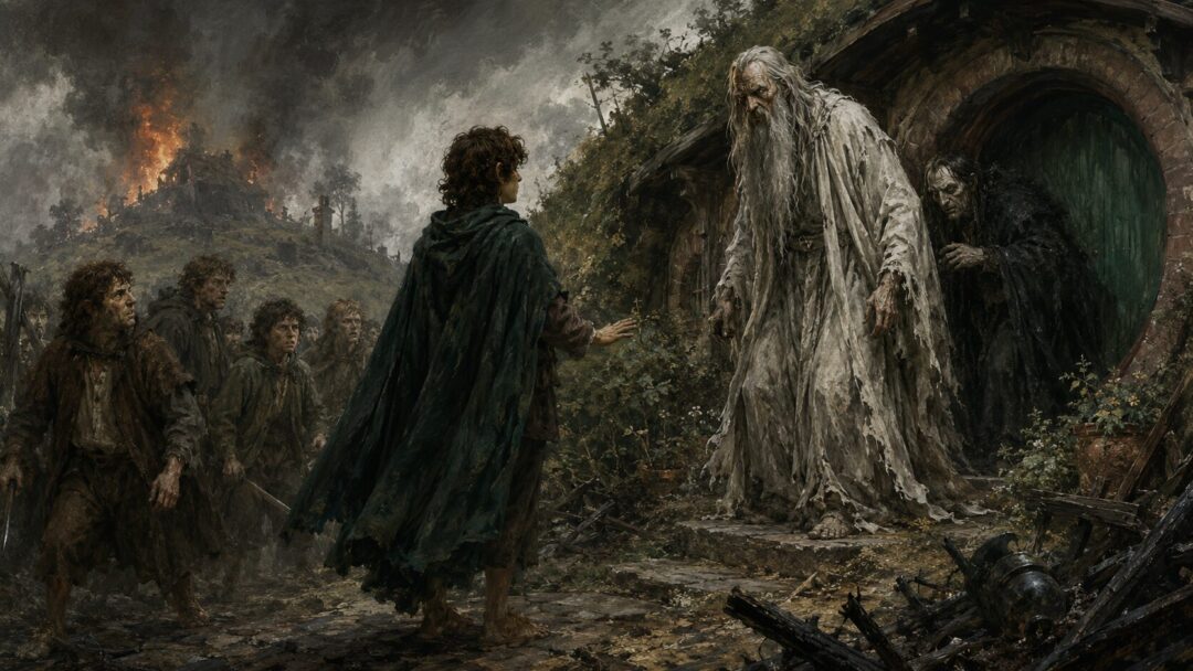 Frodo shows mercy while confronting the fallen Saruman and Wormtongue outside Bag End.