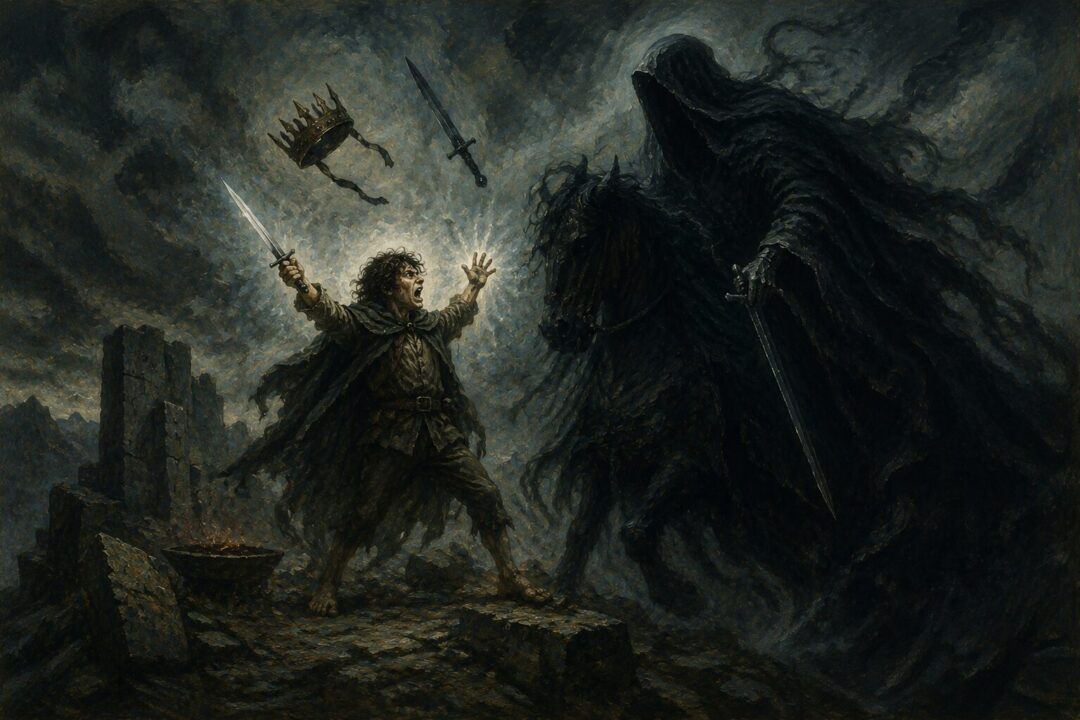 Frodo resisting the Nazgûl at Weathertop by invoking Elbereth and striking in fear and courage