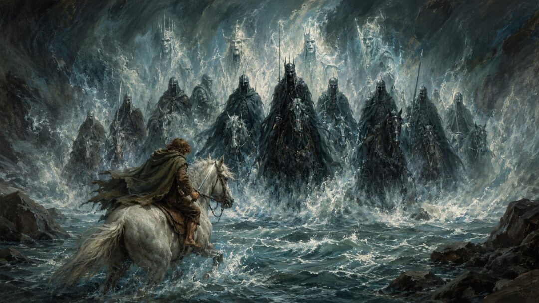 A weakened Frodo on horseback defying the Ringwraiths at the Ford of Bruinen.
