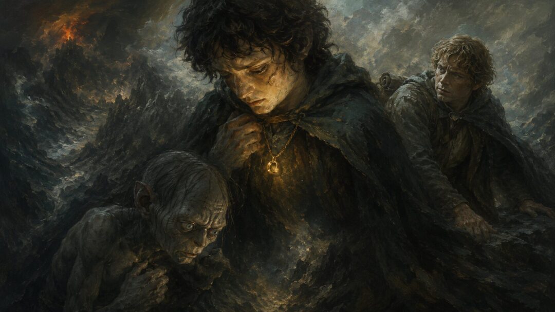 Frodo and Gollum are shown as mirrored Ring-bearers while Sam stands loyally apart.