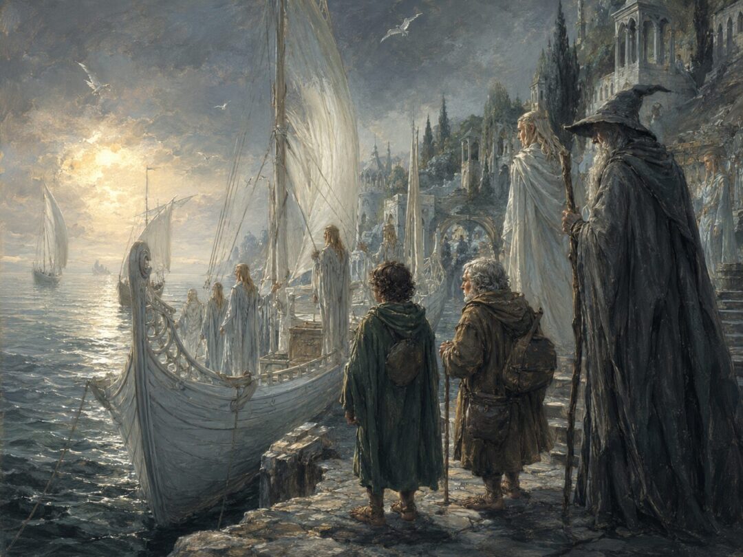 Frodo and other Ring-bearers preparing to sail west from the Grey Havens for healing and farewell.