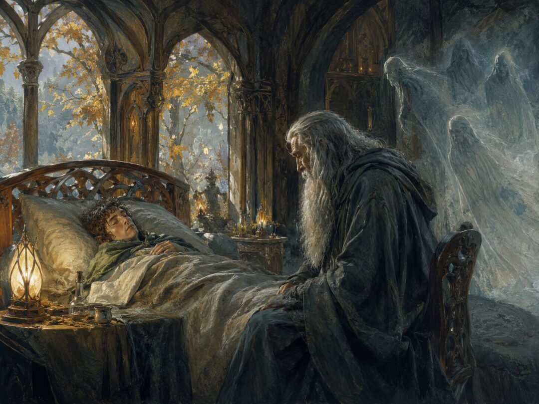 Frodo recovering in Rivendell while the shadow of the Ringwraiths fades from his wound.