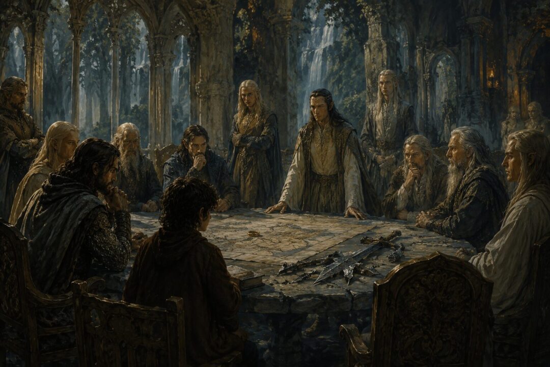 Frodo recovering in Rivendell while the unresolved burden of the Ring remains nearby