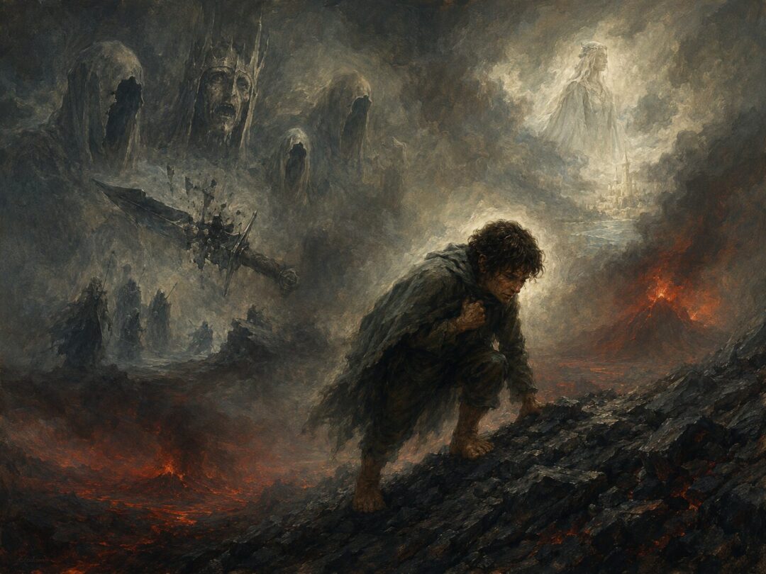 Frodo climbing toward Mordor with memories of the wraith-world and Morgul wound behind him.