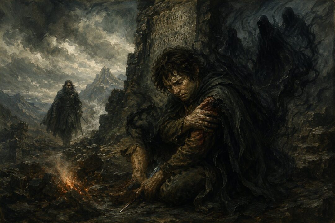 Frodo after the Morgul-knife wound at Weathertop with imagery suggesting the threat of becoming wraith-like
