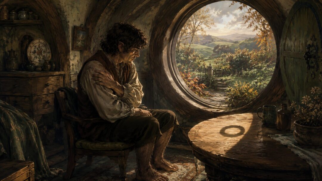 Frodo sitting quietly in a hobbit room as he remembers the pain of the Morgul-wound.