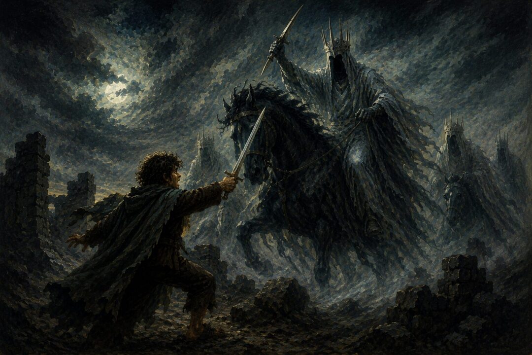 Frodo at Weathertop placing the One Ring on his finger as the world shifts toward the unseen realm
