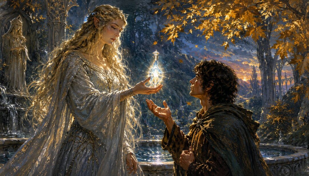 Frodo raises the Phial of Galadriel against the darkness and webs of Shelob’s lair.