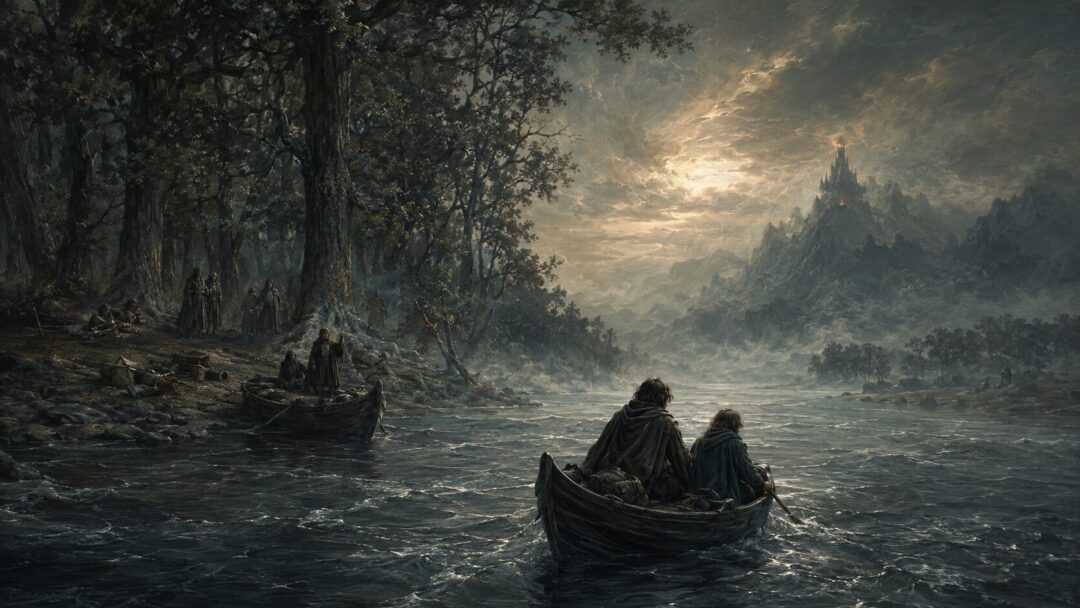 Frodo and Sam leaving Parth Galen by boat as the Fellowship breaks behind them