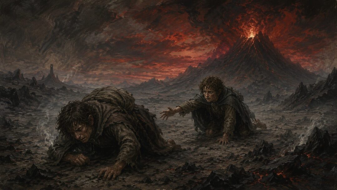 Two weary hobbit-like travelers crossing the ashen plain of Mordor toward a distant smoking mountain.