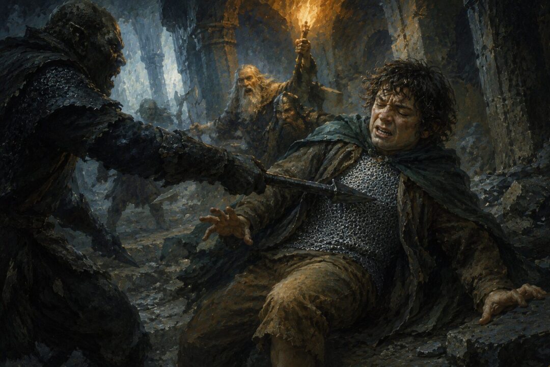 A hidden mithril coat stops a deadly spear-thrust against a small hobbit in Moria.