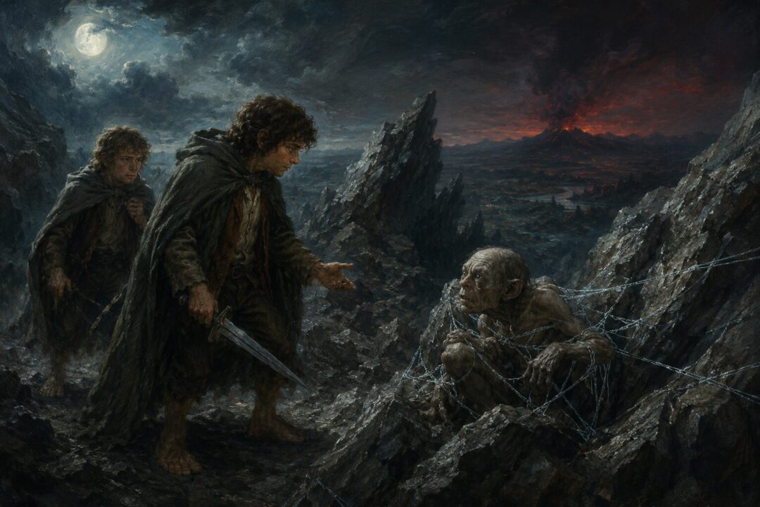 Frodo and Sam confront Gollum among the rocks of Emyn Muil as Frodo chooses pity over killing.