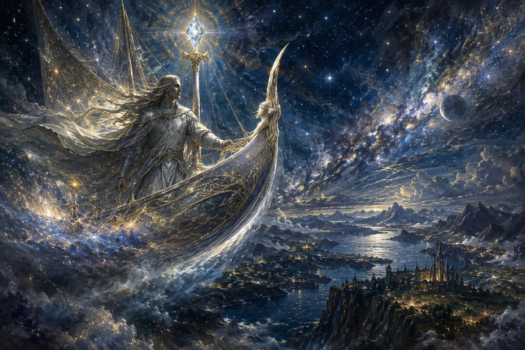 Frodo raising Galadriel’s Phial against Shelob in the darkness of Cirith Ungol