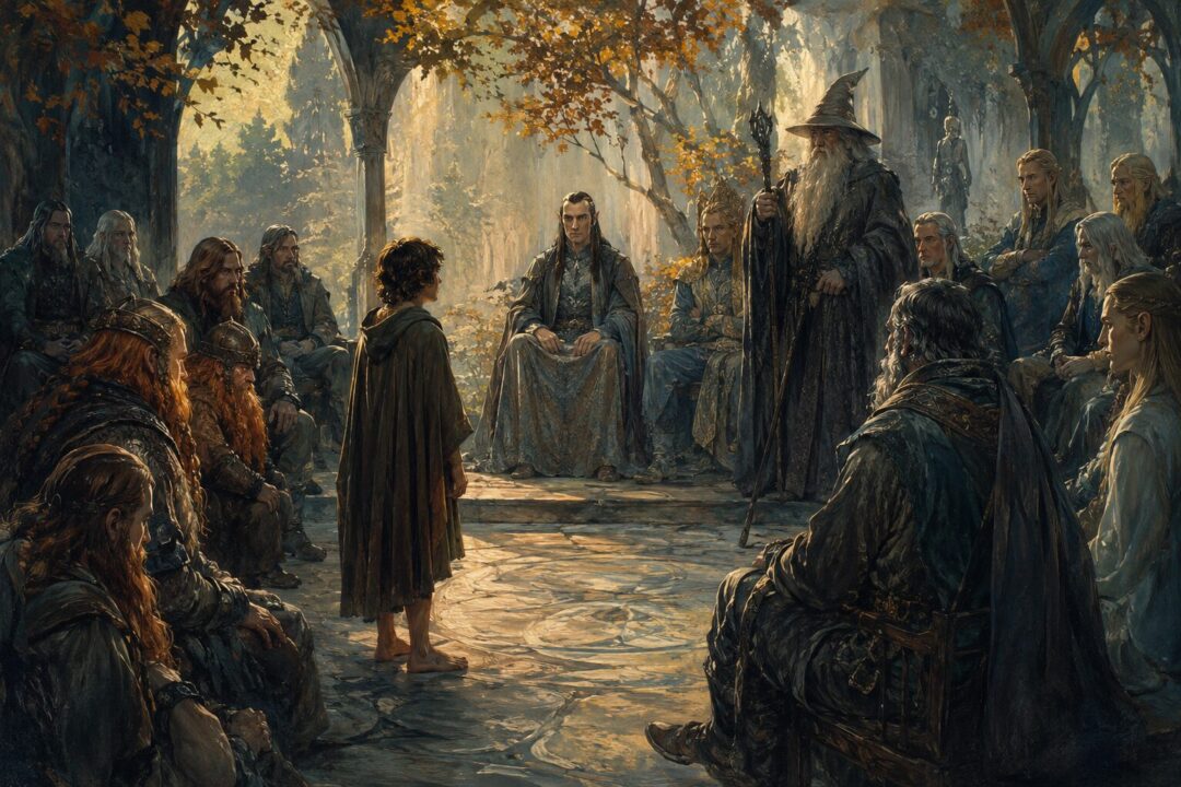 Frodo Baggins volunteering to bear the One Ring before the Council of Elrond in Rivendell