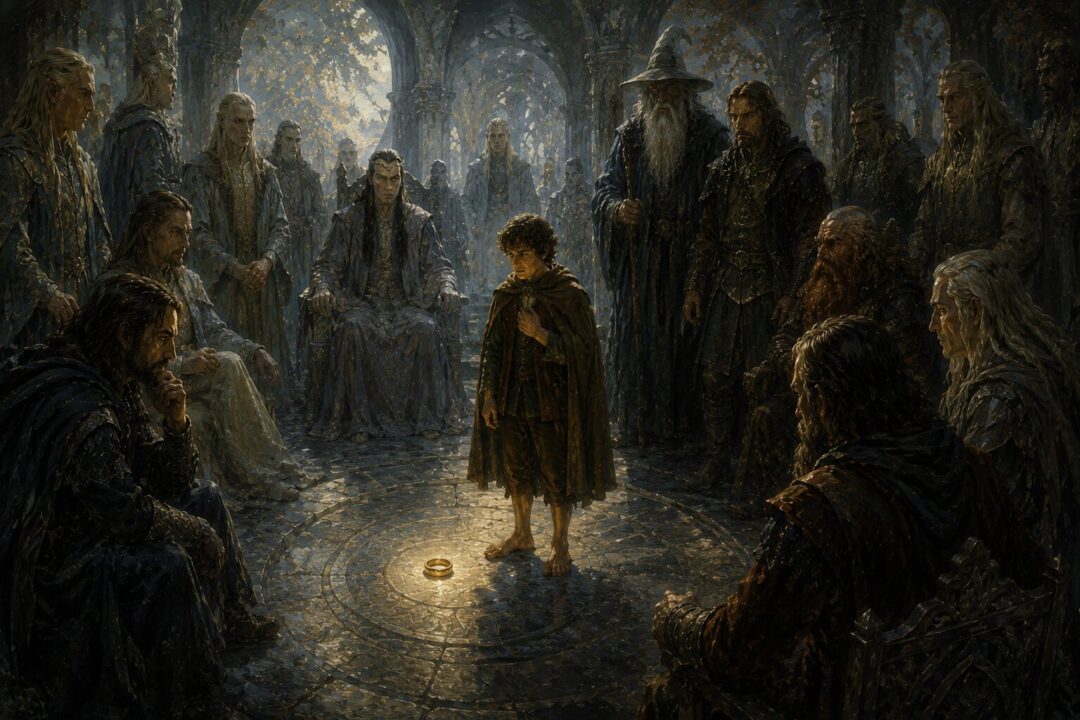 Frodo quietly offering to take the Ring while the council chamber reacts in silence.