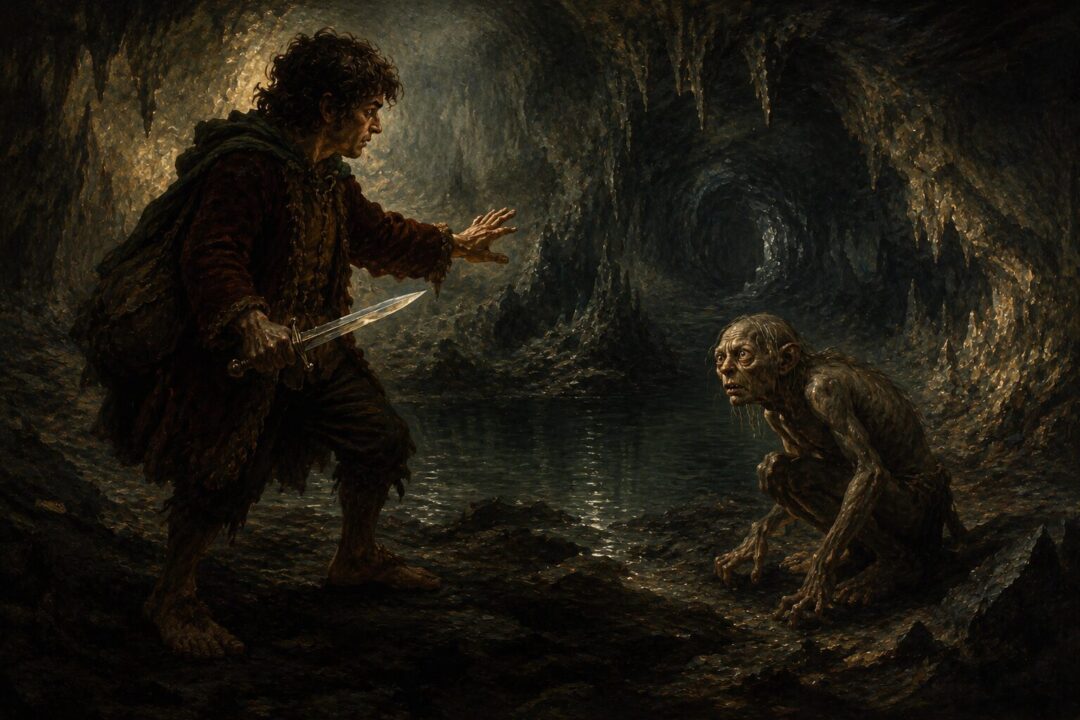 Frodo confronting Gollum on the ash-covered slopes near Mount Doom