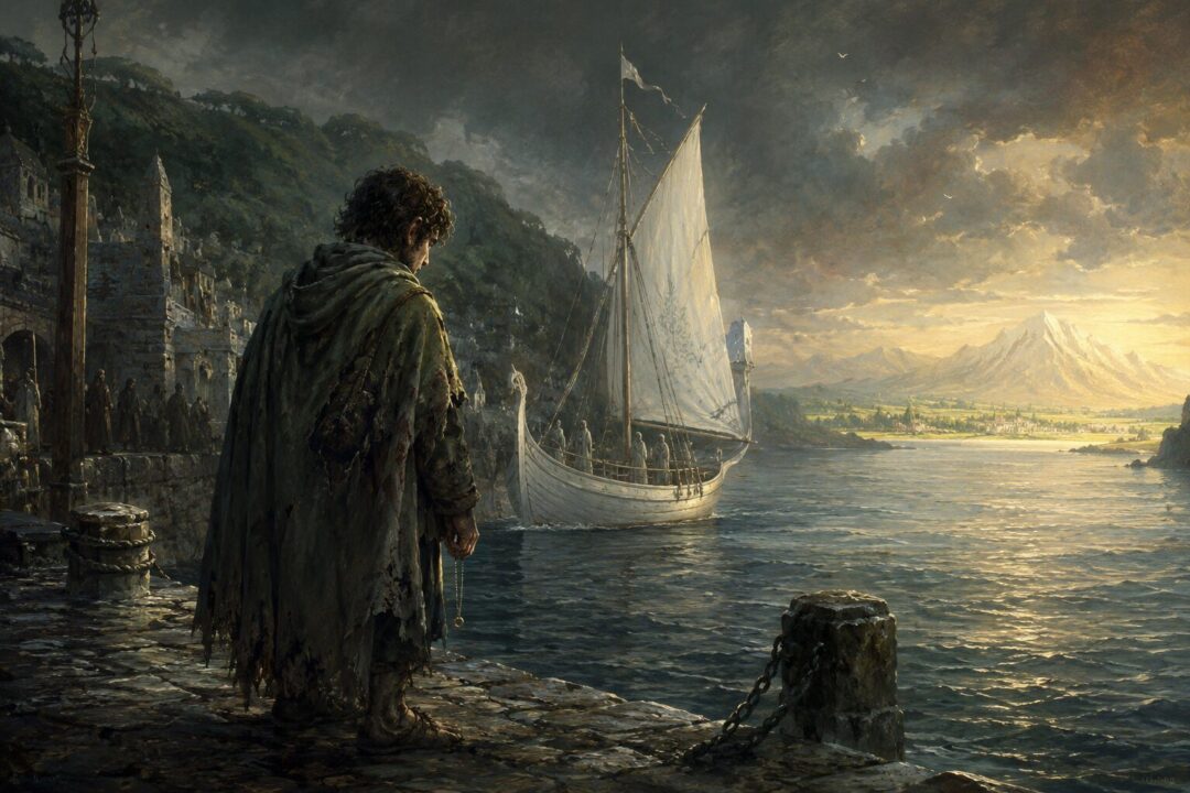A wounded hobbit-like ring-bearer stands at a grey western harbor before sailing toward a luminous blessed shore.