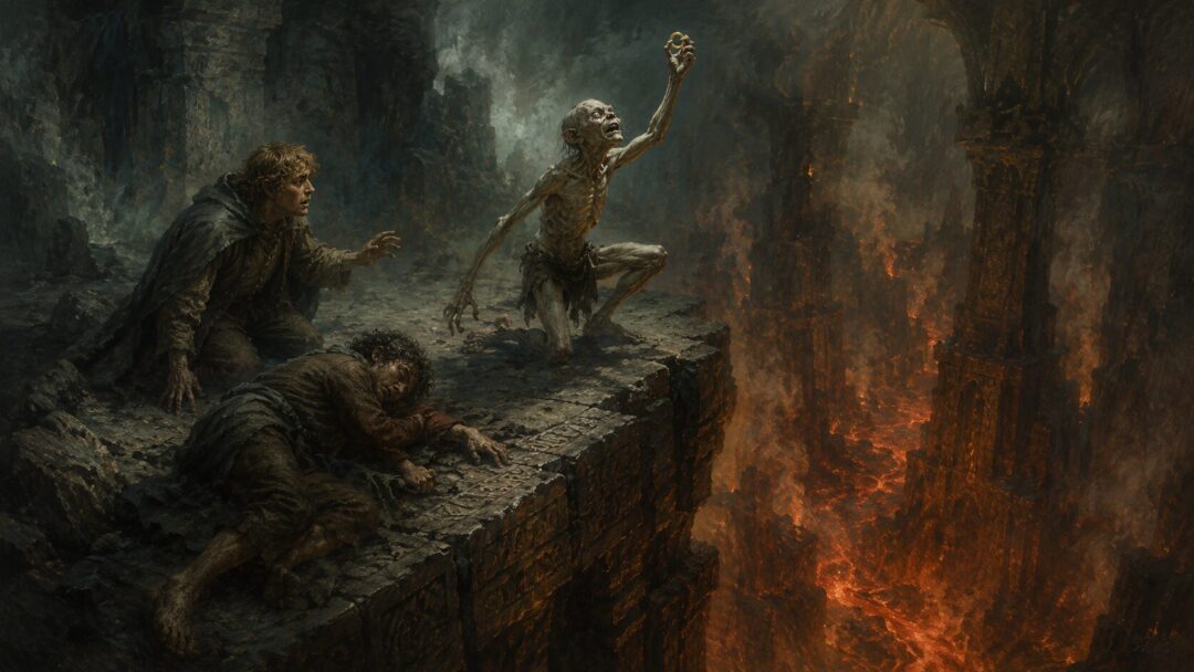 Frodo clutching the Ring on the slopes of Mount Doom as Gollum recoils before a vision of fire.