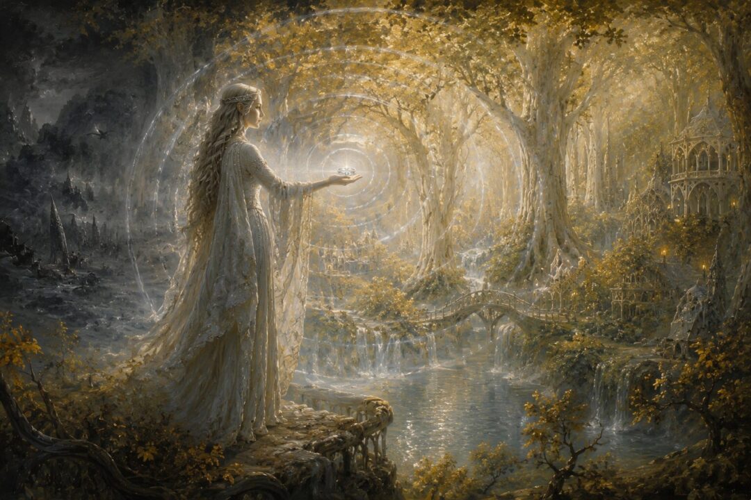 Galadriel wearing Nenya as silver light preserves the beauty of Lothlórien beneath golden mallorn trees