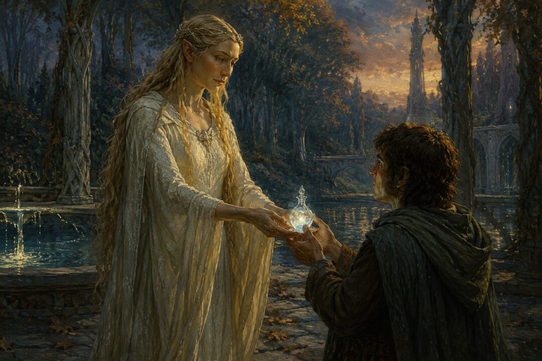 Galadriel giving Frodo the glowing Phial in Lórien beside her fountain