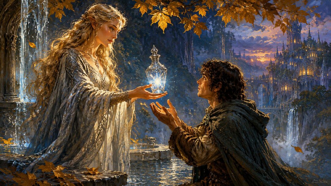 Galadriel gives Frodo a crystal phial of star-light beside her fountain in Lothlórien.