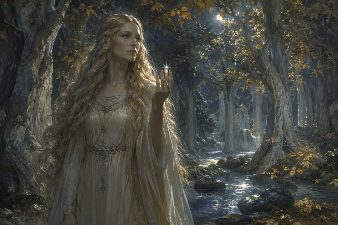 Galadriel in a moonlit Lothlórien glade revealing Nenya, the Ring of Adamant, shining like a white star.