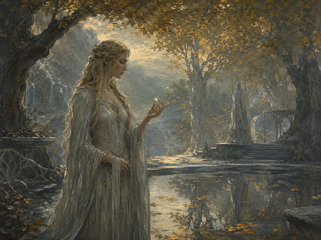 Galadriel standing sorrowfully beside a still water basin in Lothlórien after rejecting the temptation of the One Ring.