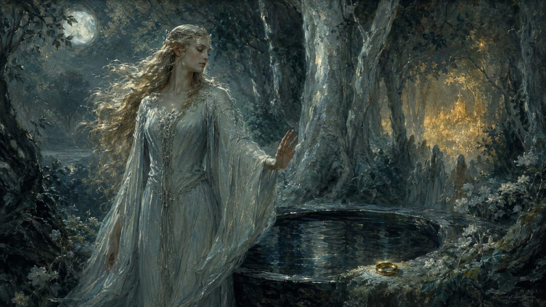 Radiant Elven lady refusing the Ring beside a mirror-basin in a moonlit woodland