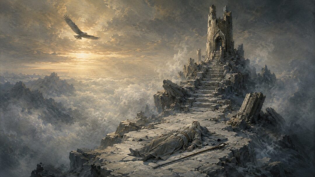 Gandalf lying alone on the cold peak of Zirakzigil as a great eagle approaches through dawn light.
