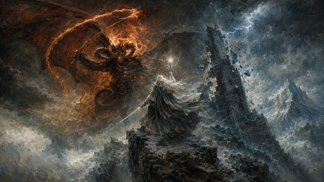 Gandalf battling the Balrog on the storm-covered peak of Zirakzigil among lightning, fire, and ice.
