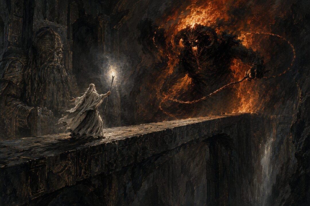 Gandalf confronting the Balrog on the narrow Bridge of Khazad-dûm