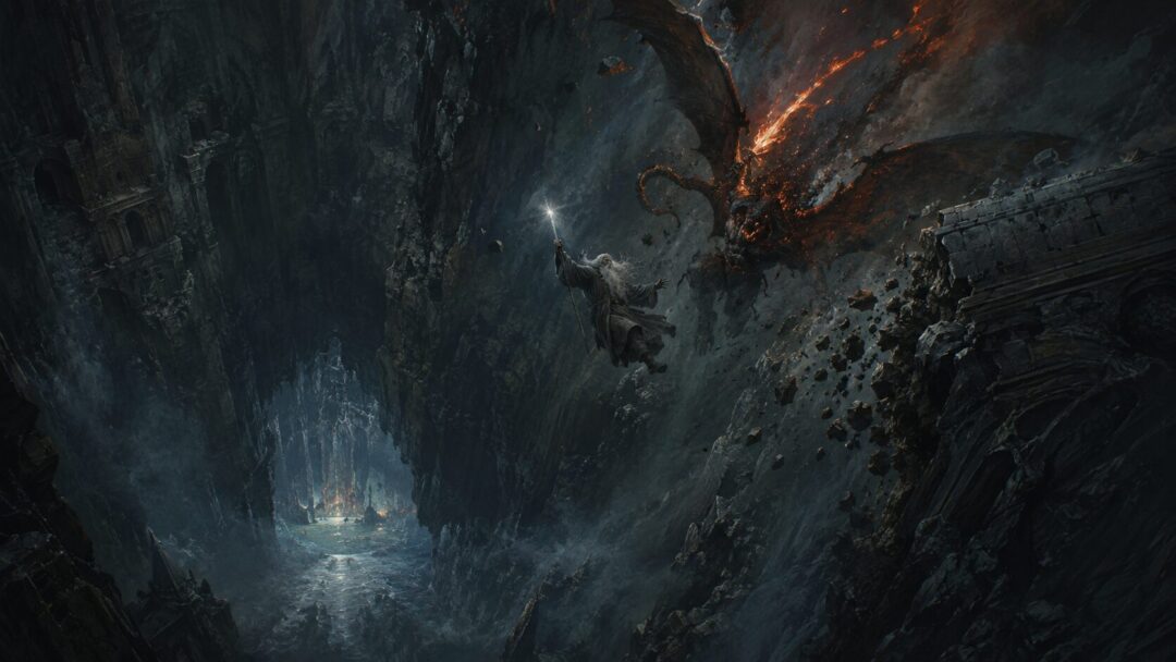 Gandalf and the Balrog falling into the deep abyss beneath Moria after the bridge breaks.