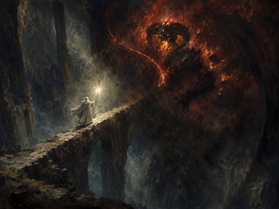 Gandalf stands on the Bridge of Khazad-dûm against a shadowy fire-wreathed Balrog.