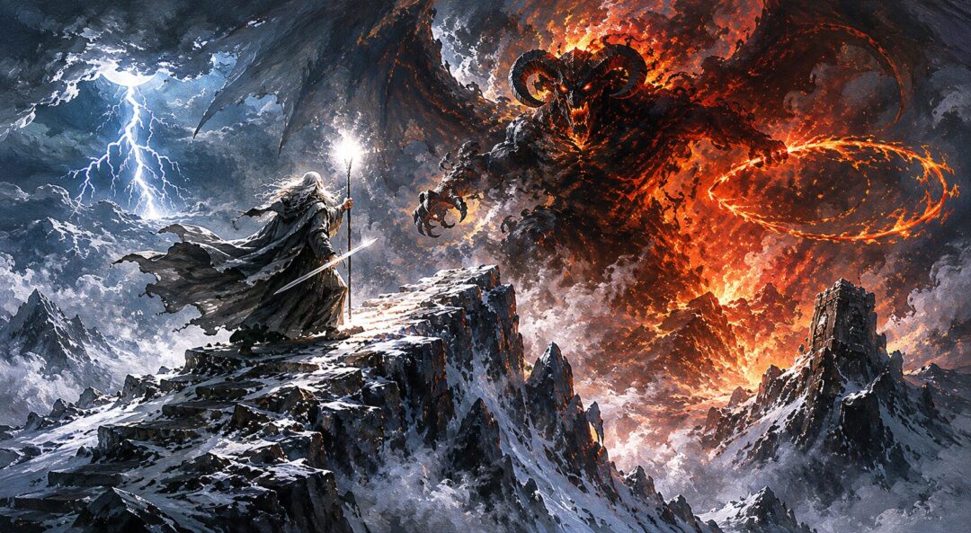 Gandalf and the Balrog battling on the stormy peak of Zirakzigil